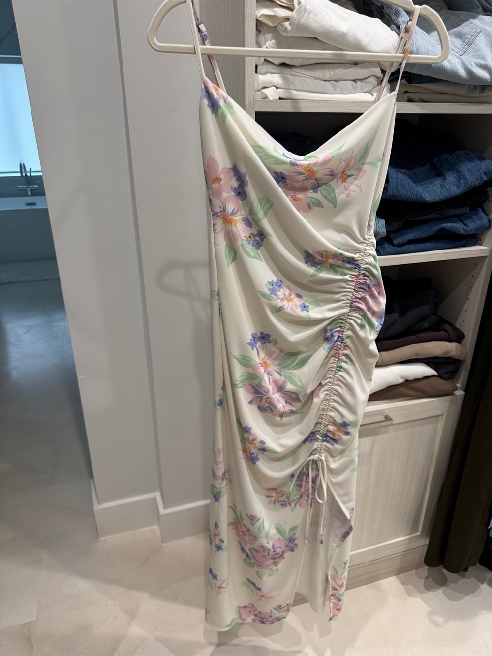Zara Cream Floral Midi Dress with Pastel Pink & Lavender Print